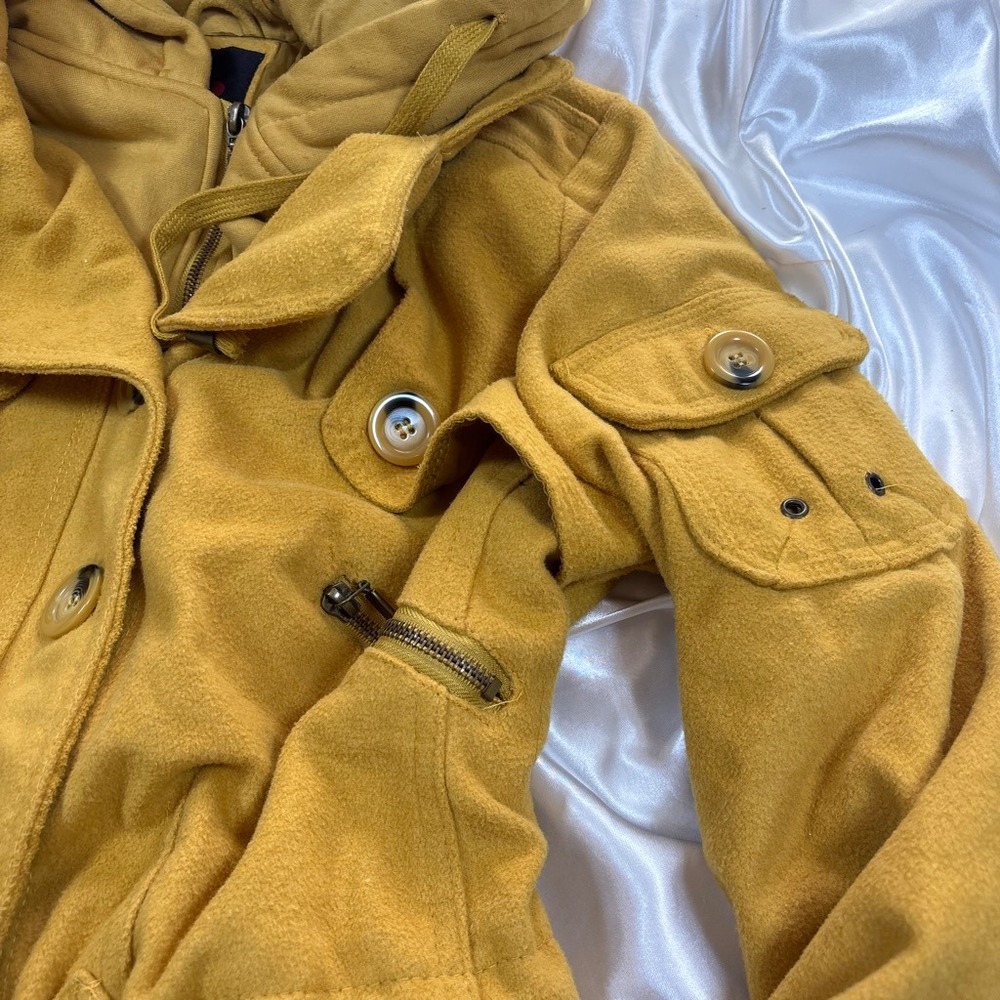 y2k Yoki Bomber Jacket Yellow Excellent Hooded Belted Utility Wool Blend L - Picture 4 of 7